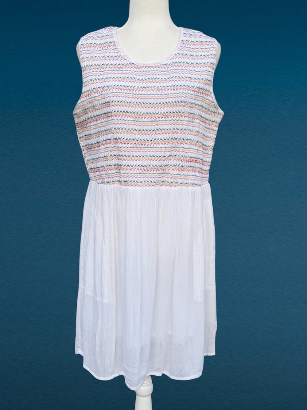 Sleeveless White Sundress with Pastel Stripe Knit Bodice